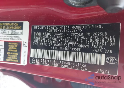 2016 Toyota Camry Se from USA, damaged, VIN 4T1BF1FK0GU519568